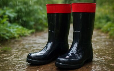 Gleaming in the mud: gumboots red bands steal the outdoor show