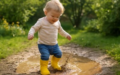 Tiny adventures in rain with yellow gumboots toddler